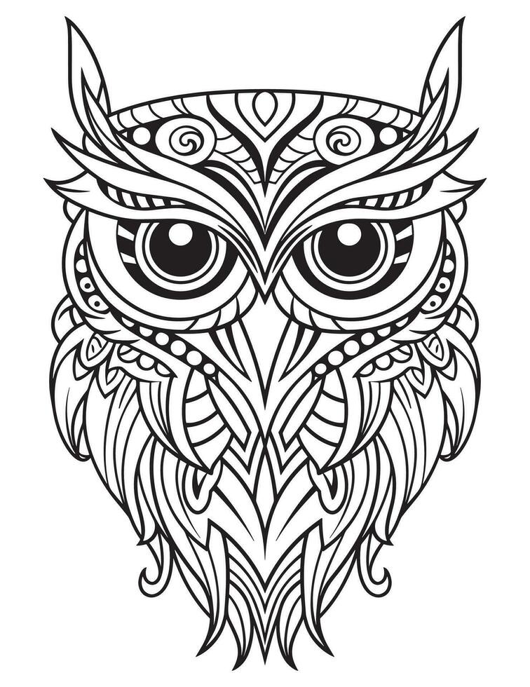 Owl bird coloring book for adults vector, digital mandala illustration of owl, white background, clean line art, tattoo and print design vector