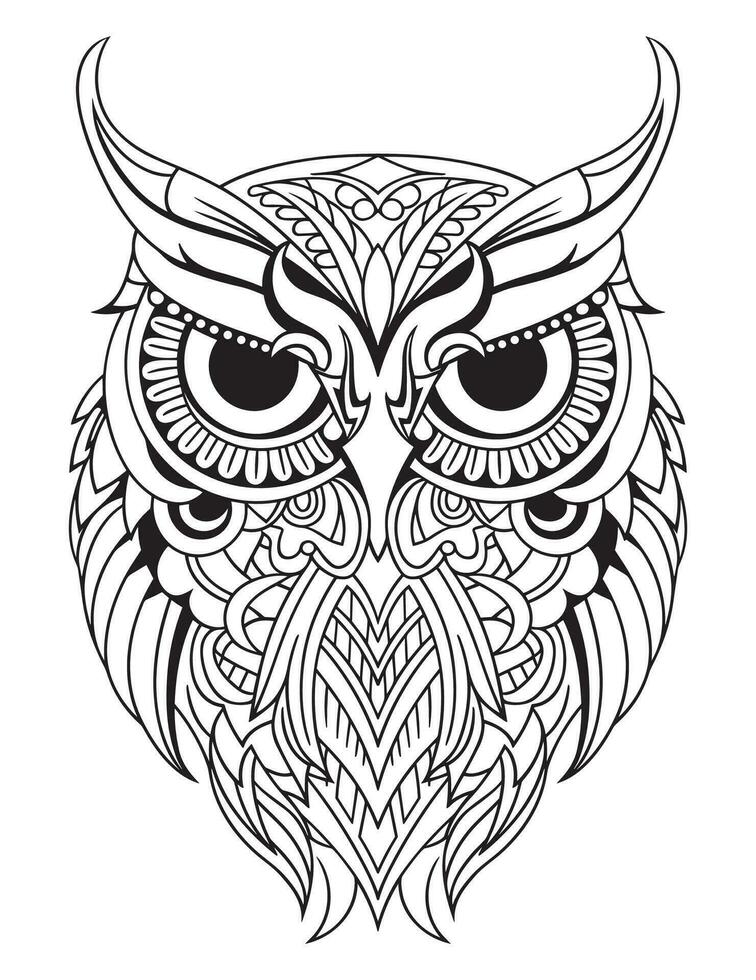 Owl bird coloring book for adults vector, digital mandala illustration of owl, white background, clean line art, tattoo and print design vector