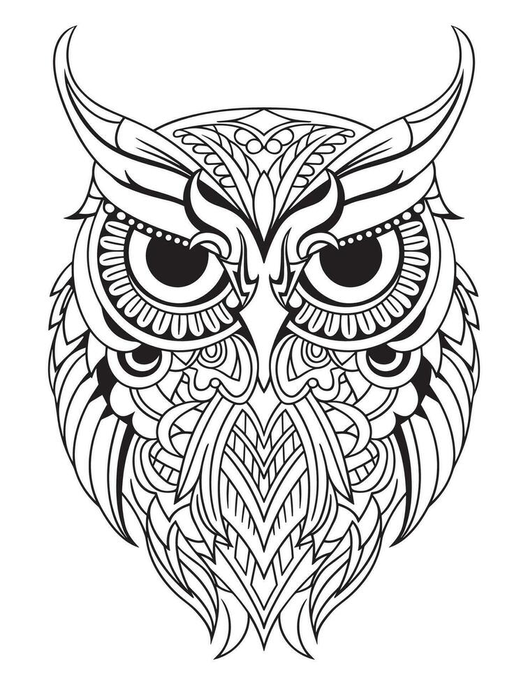 Owl bird coloring book for adults vector, digital mandala illustration of owl, white background, clean line art, tattoo and print design vector