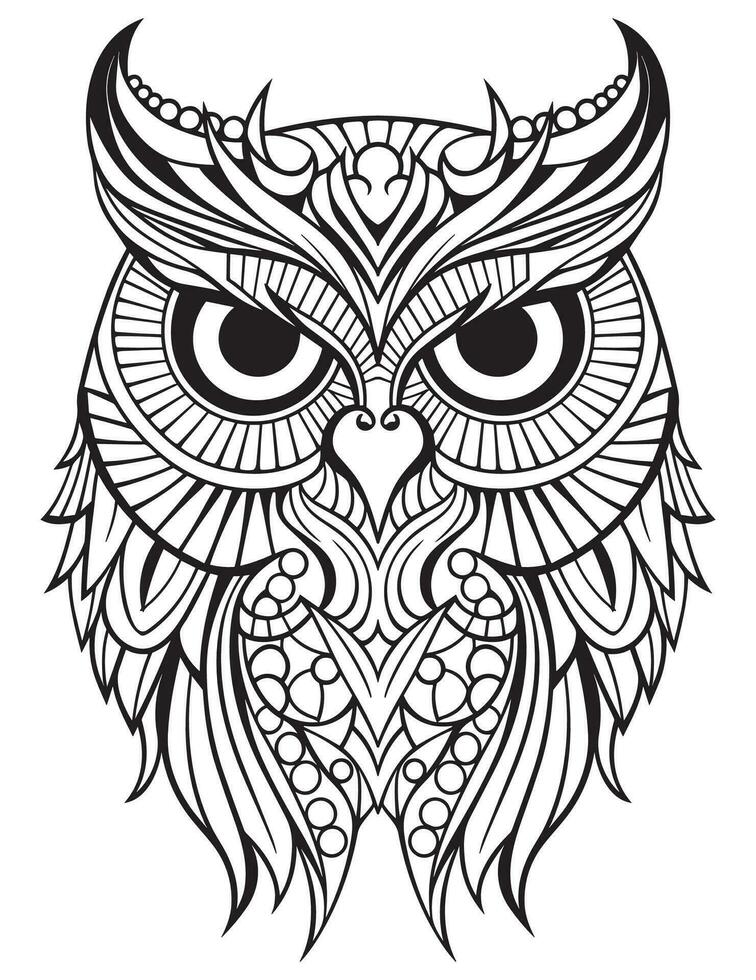 Owl bird coloring book for adults vector, digital mandala illustration of owl, white background, clean line art, tattoo and print design vector