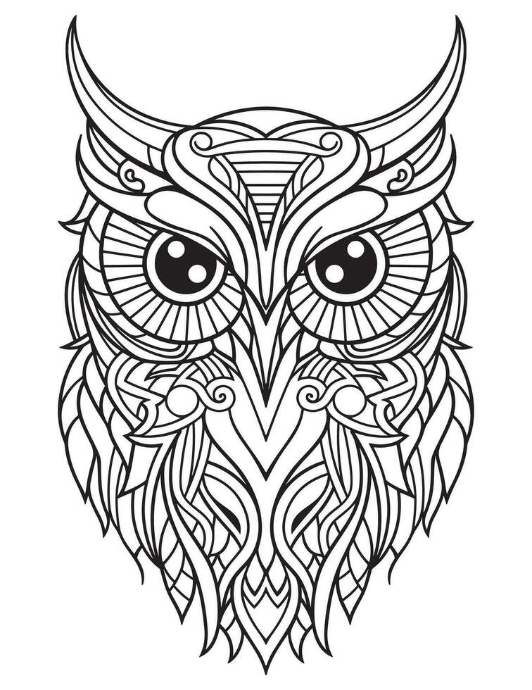 Owl bird coloring book for adults vector, digital mandala illustration of owl, white background, clean line art, tattoo and print design vector