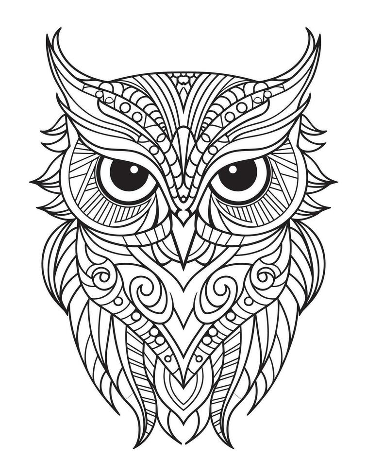 Owl bird coloring book for adults vector, digital mandala illustration of owl, white background, clean line art, tattoo and print design vector