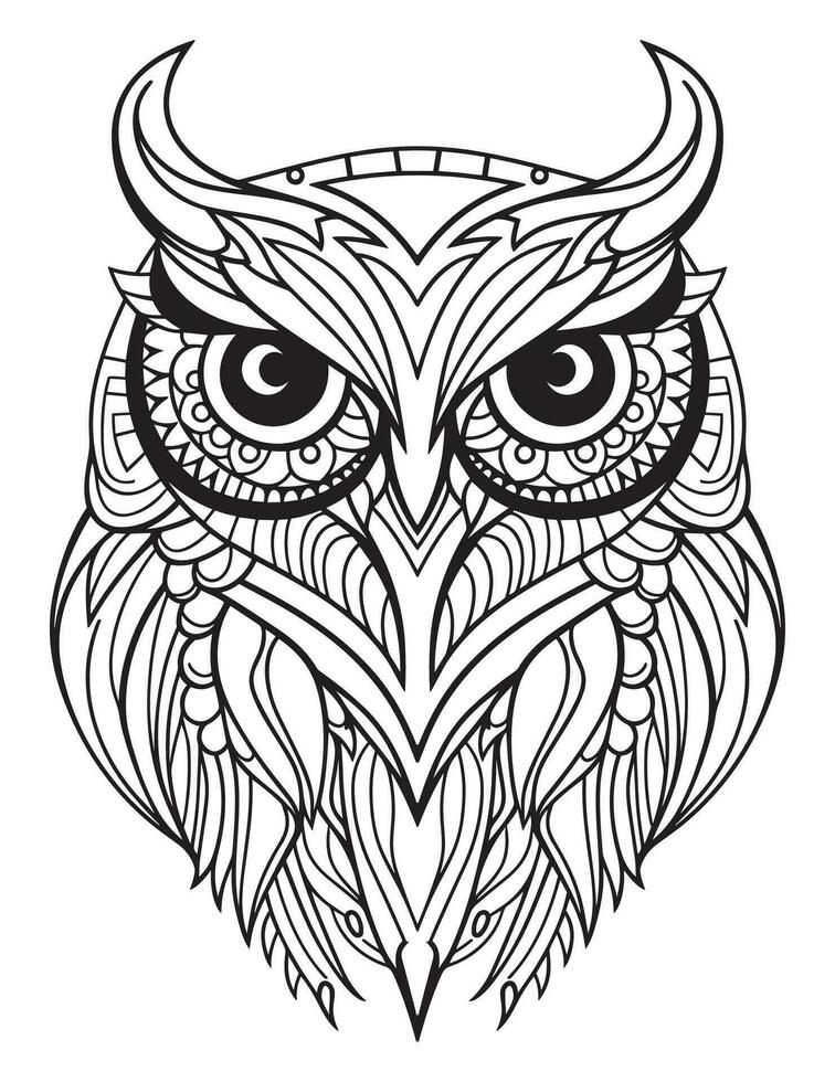 Owl bird coloring book for adults vector, digital mandala illustration of owl, white background, clean line art, tattoo and print design vector