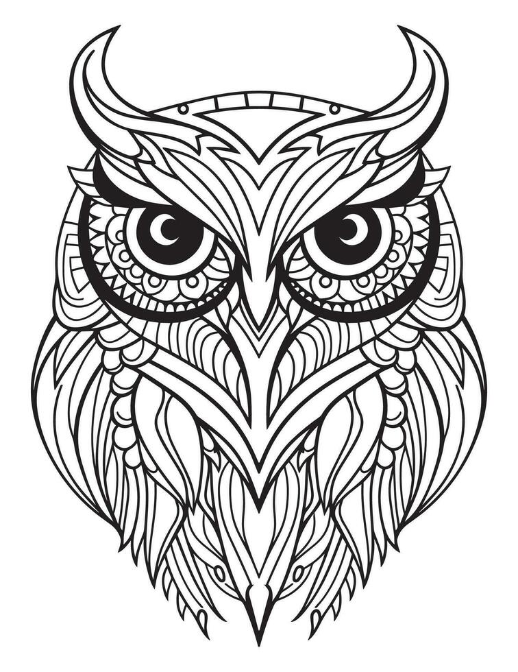 Owl bird coloring book for adults vector, digital mandala illustration of owl, white background, clean line art, tattoo and print design vector