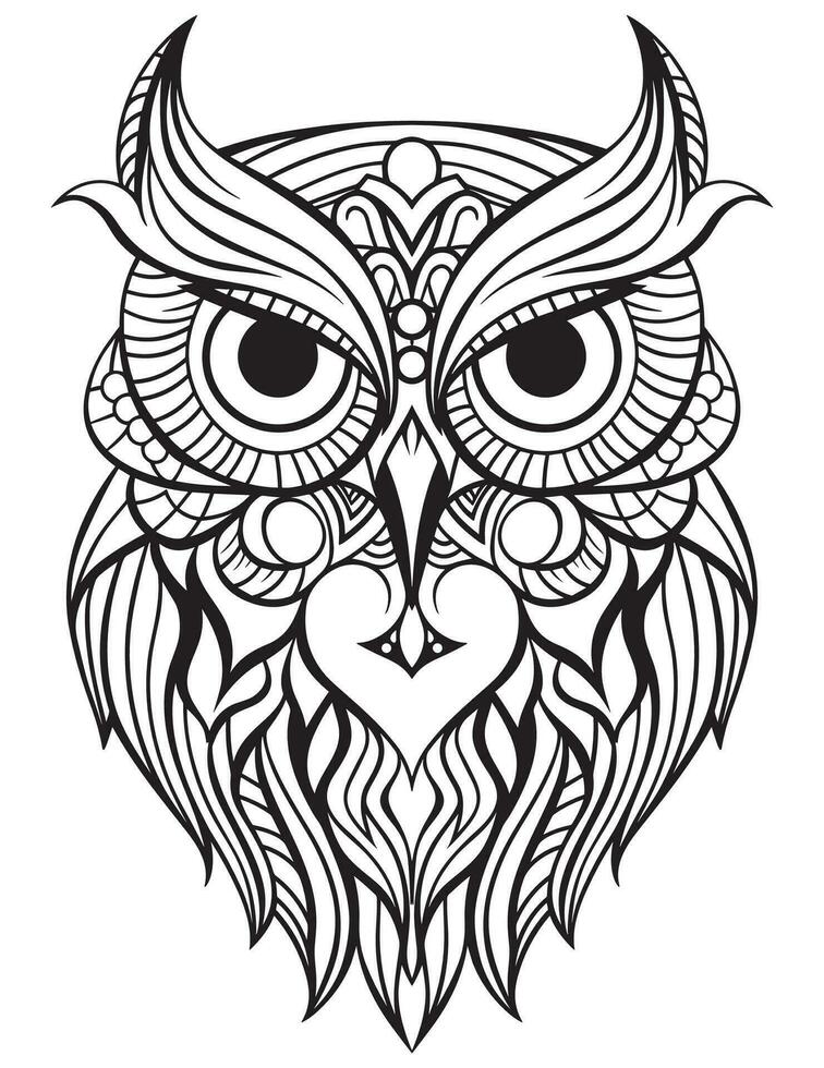 Owl bird coloring book for adults vector, digital mandala illustration of owl, white background, clean line art, tattoo and print design vector