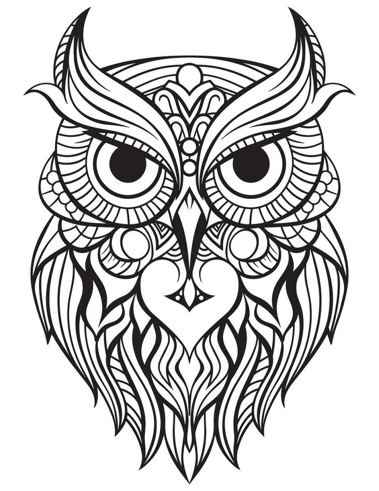 Owl bird coloring book for adults vector, digital mandala illustration of owl, white background, clean line art, tattoo and print design vector