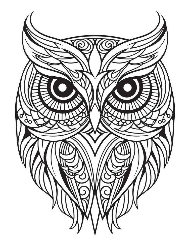 Owl bird coloring book for adults vector, digital mandala illustration of owl, white background, clean line art, tattoo and print design vector