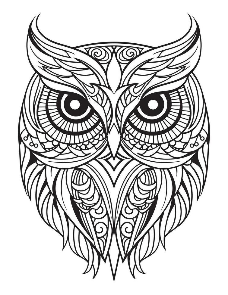 Owl bird coloring book for adults vector, digital mandala illustration of owl, white background, clean line art, tattoo and print design vector