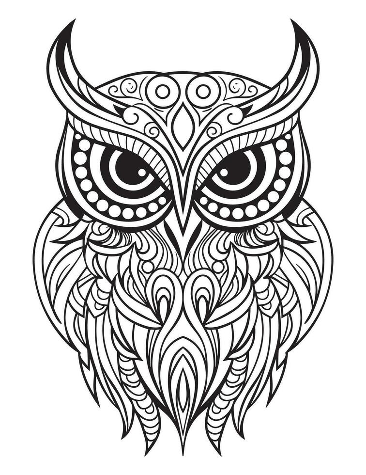 Owl bird coloring book for adults vector, digital mandala illustration of owl, white background, clean line art, tattoo and print design vector