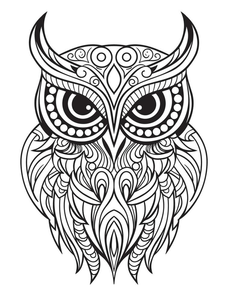 Owl bird coloring book for adults vector, digital mandala illustration of owl, white background, clean line art, tattoo and print design vector