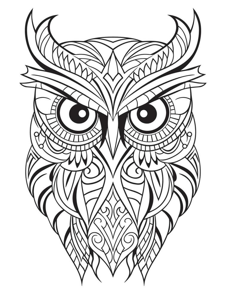 Owl bird coloring book for adults vector, digital mandala illustration of owl, white background, clean line art, tattoo and print design vector