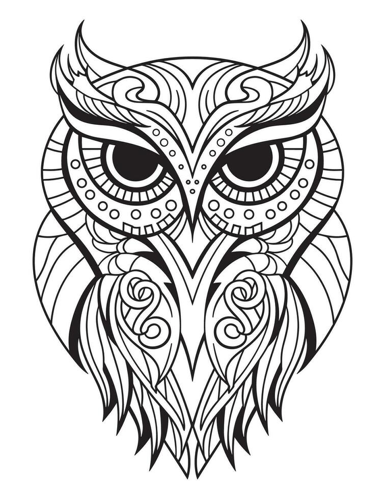 Owl bird coloring book for adults vector, digital mandala illustration of owl, white background, clean line art, tattoo and print design vector