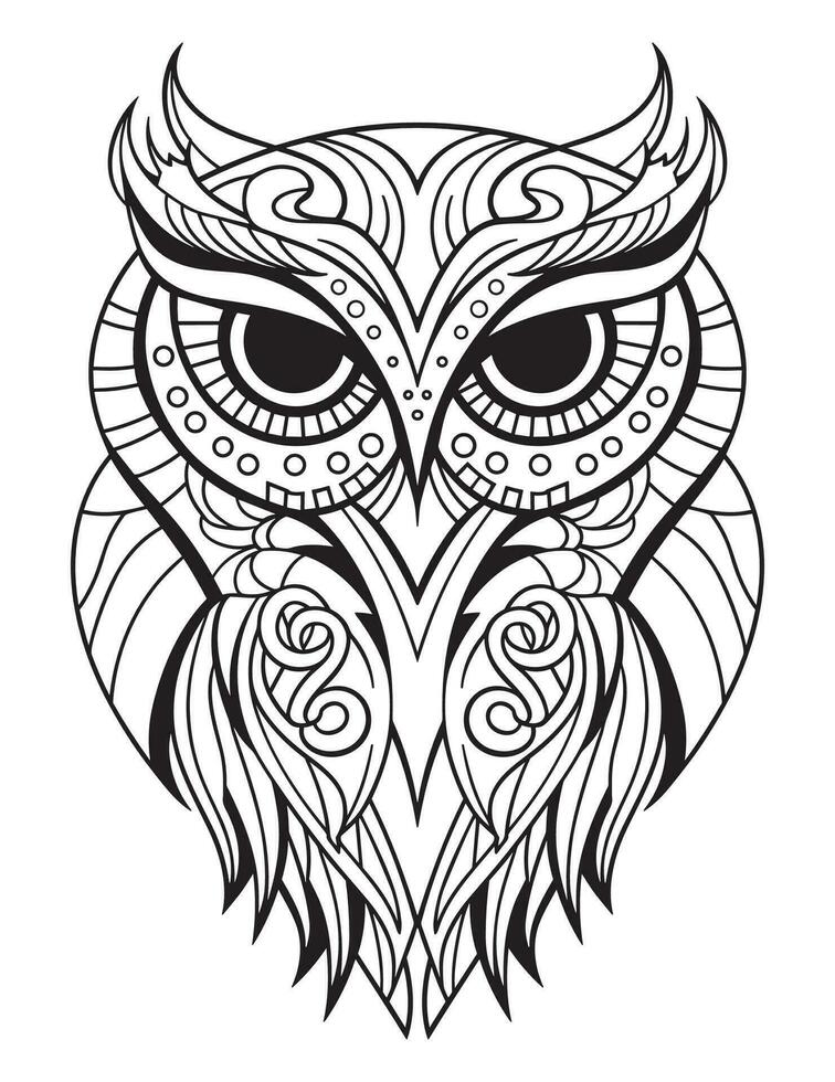 Owl bird coloring book for adults vector, digital mandala illustration of owl, white background, clean line art, tattoo and print design vector