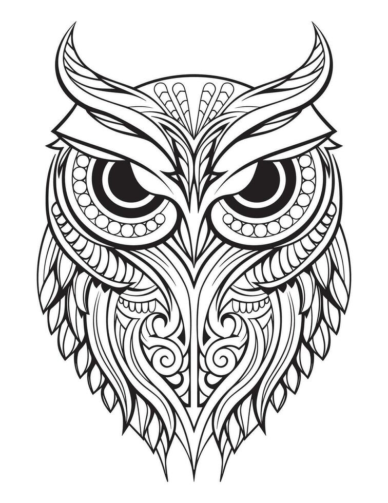 Owl bird coloring book for adults vector, digital mandala illustration of owl, white background, clean line art, tattoo and print design vector