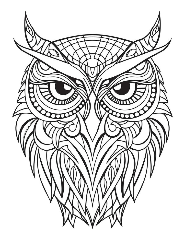 Owl bird coloring book for adults vector, digital mandala illustration of owl, white background, clean line art, tattoo and print design vector