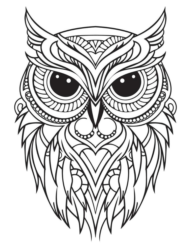 Owl bird coloring book for adults vector, digital mandala illustration of owl, white background, clean line art, tattoo and print design vector