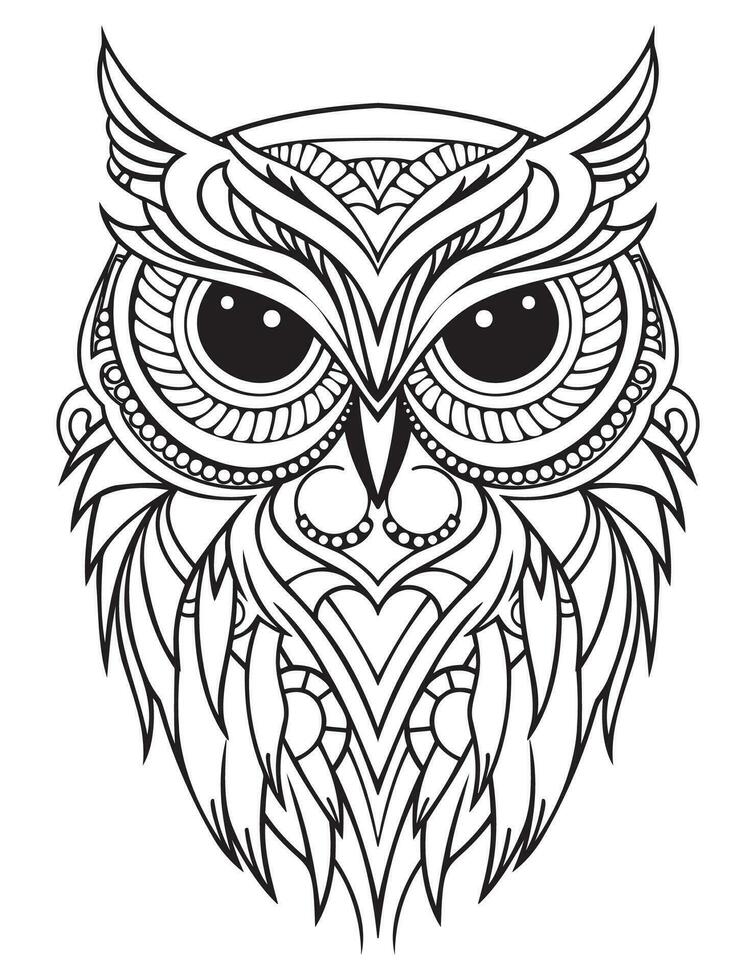 Owl bird coloring book for adults vector, digital mandala illustration of owl, white background, clean line art, tattoo and print design vector