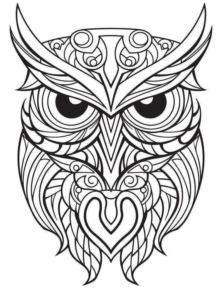 Owl bird coloring book for adults vector, digital mandala illustration of owl, white background, clean line art, tattoo and print design vector