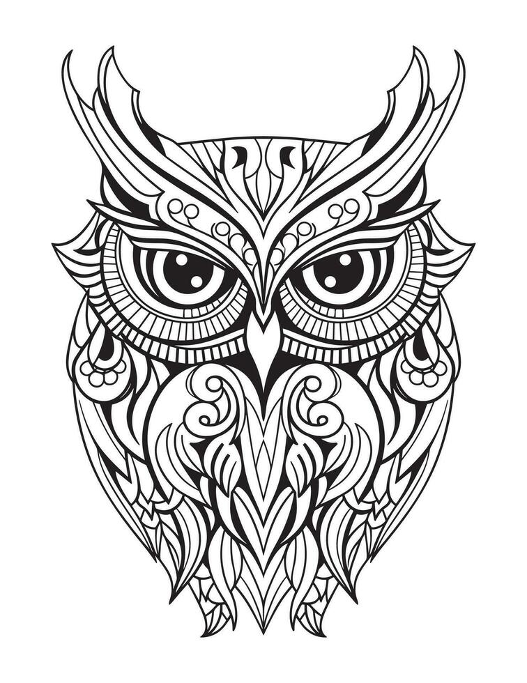 Owl bird coloring book for adults vector, digital mandala illustration of owl, white background, clean line art, tattoo and print design vector