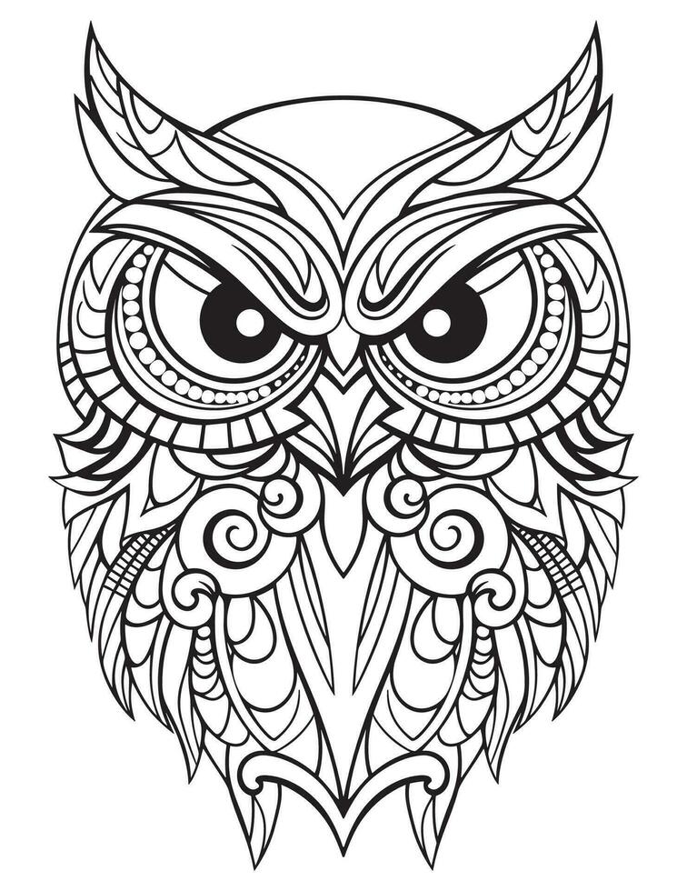 Owl bird coloring book for adults vector, digital mandala illustration of owl, white background, clean line art, tattoo and print design vector