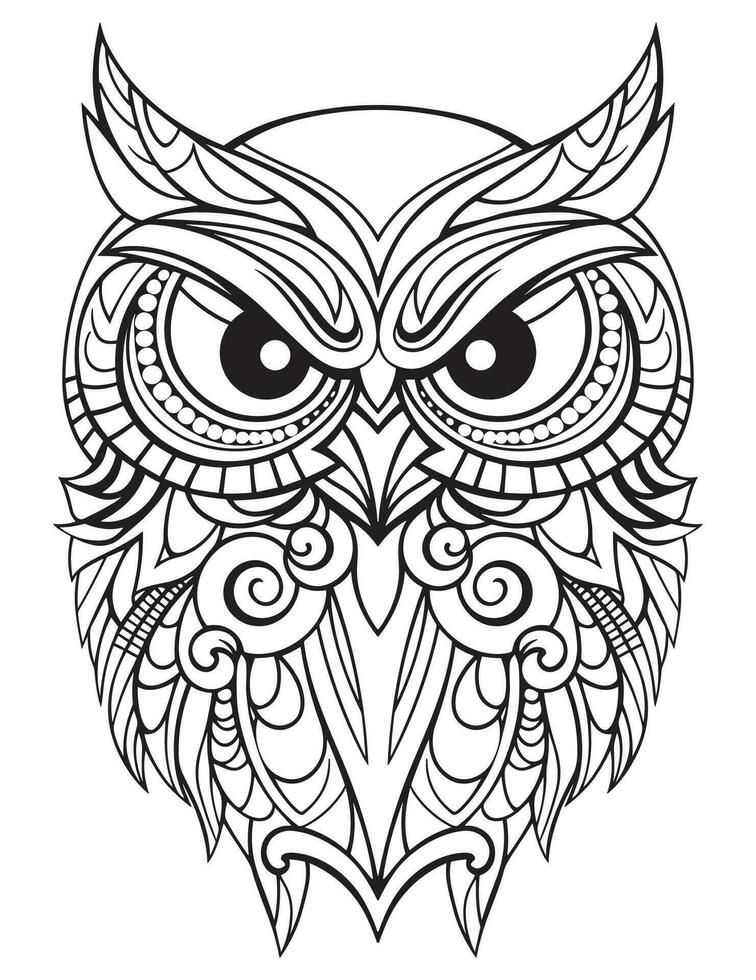 Owl bird coloring book for adults vector, digital mandala illustration of owl, white background, clean line art, tattoo and print design vector