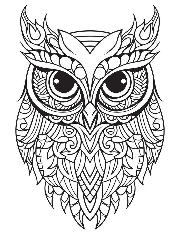 Owl bird coloring book for adults vector, digital mandala illustration of owl, white background, clean line art, tattoo and print design vector