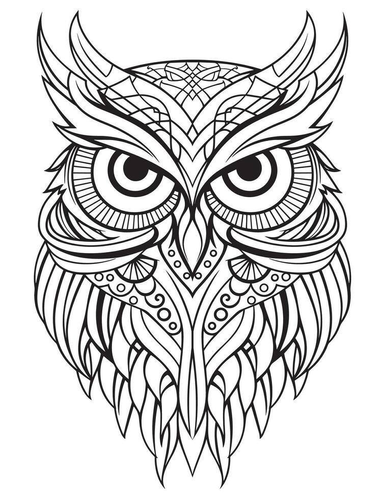 Owl bird coloring book for adults vector, digital mandala illustration of owl, white background, clean line art, tattoo and print design vector