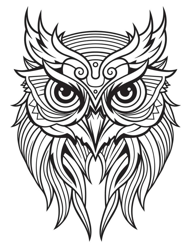Owl bird coloring book for adults vector, digital mandala illustration of owl, white background, clean line art, tattoo and print design vector