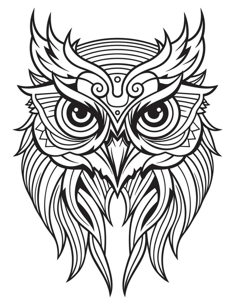 Owl bird coloring book for adults vector, digital mandala illustration of owl, white background, clean line art, tattoo and print design vector