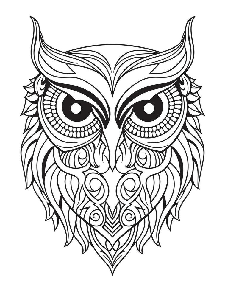 Owl bird coloring book for adults vector, digital mandala illustration of owl, white background, clean line art, tattoo and print design vector