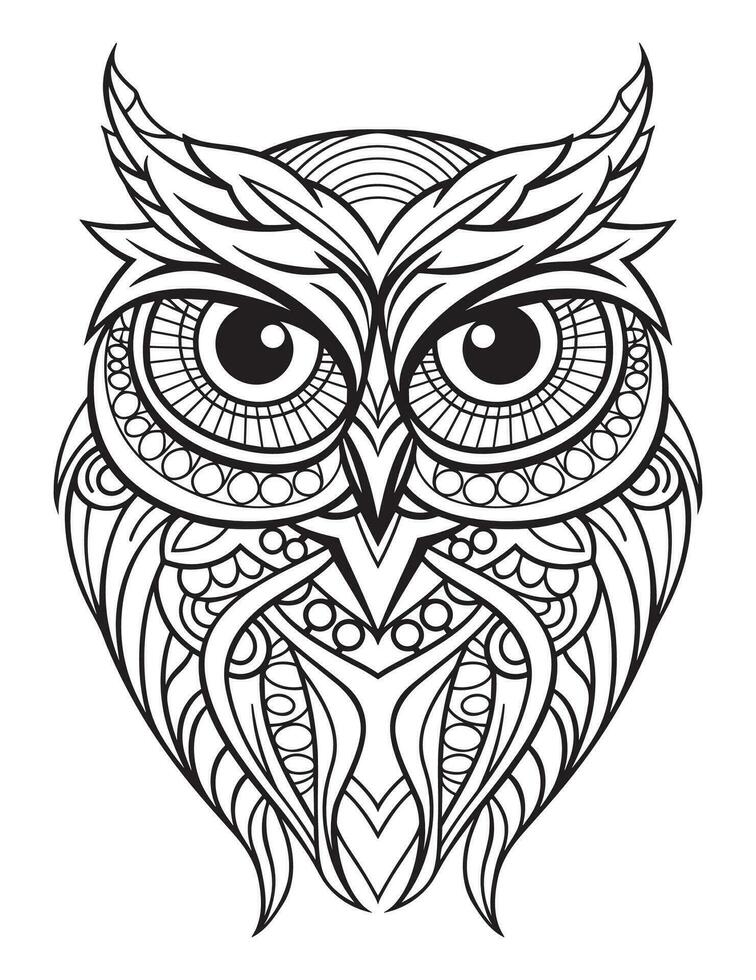 Owl bird coloring book for adults vector, digital mandala illustration of owl, white background, clean line art, tattoo and print design vector