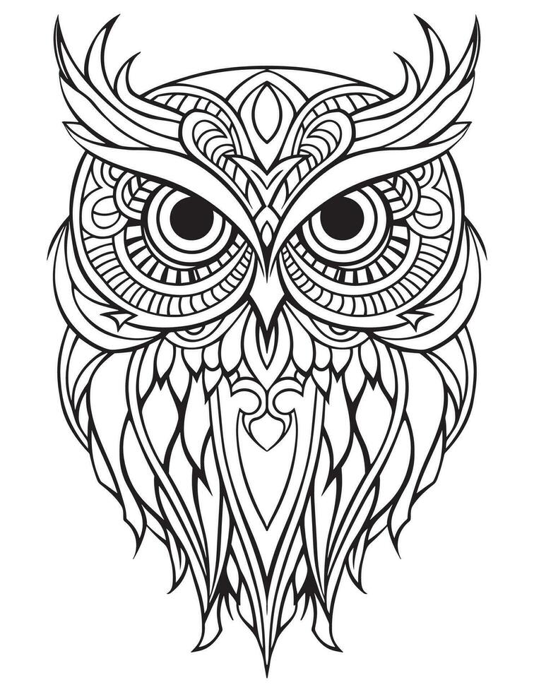 Owl bird coloring book for adults vector, digital mandala illustration of owl, white background, clean line art, tattoo and print design vector