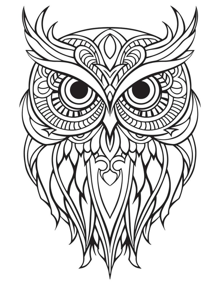 Owl bird coloring book for adults vector, digital mandala illustration of owl, white background, clean line art, tattoo and print design vector