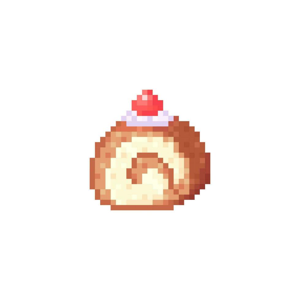 Illustration vector graphic of chocolate roll cake with cherry in pixel art style