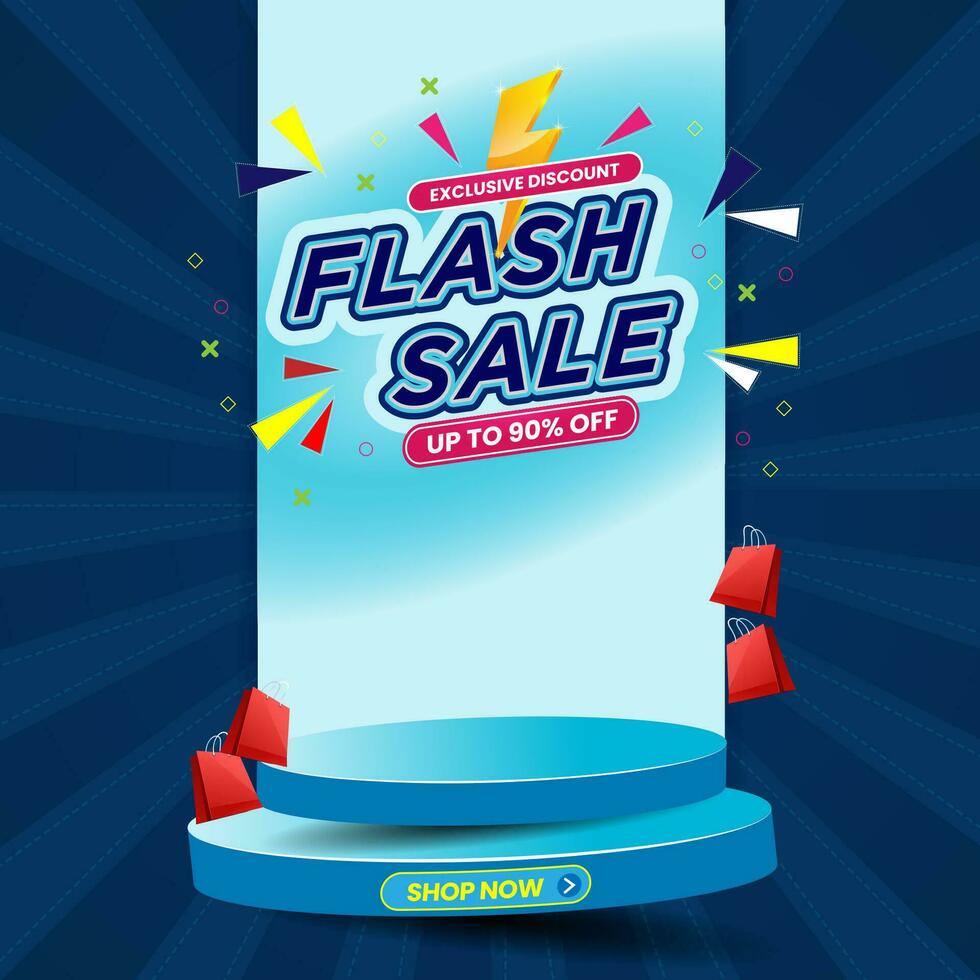 Flash sale poster with light ray and podium for product placement vector