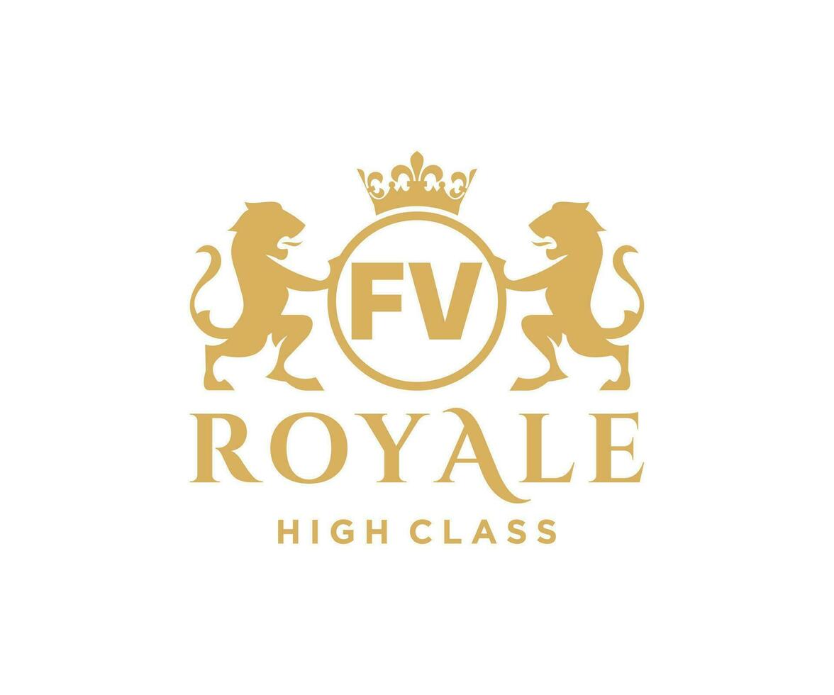 Golden Letter FV template logo Luxury gold letter with crown. Monogram alphabet . Beautiful royal initials letter. vector