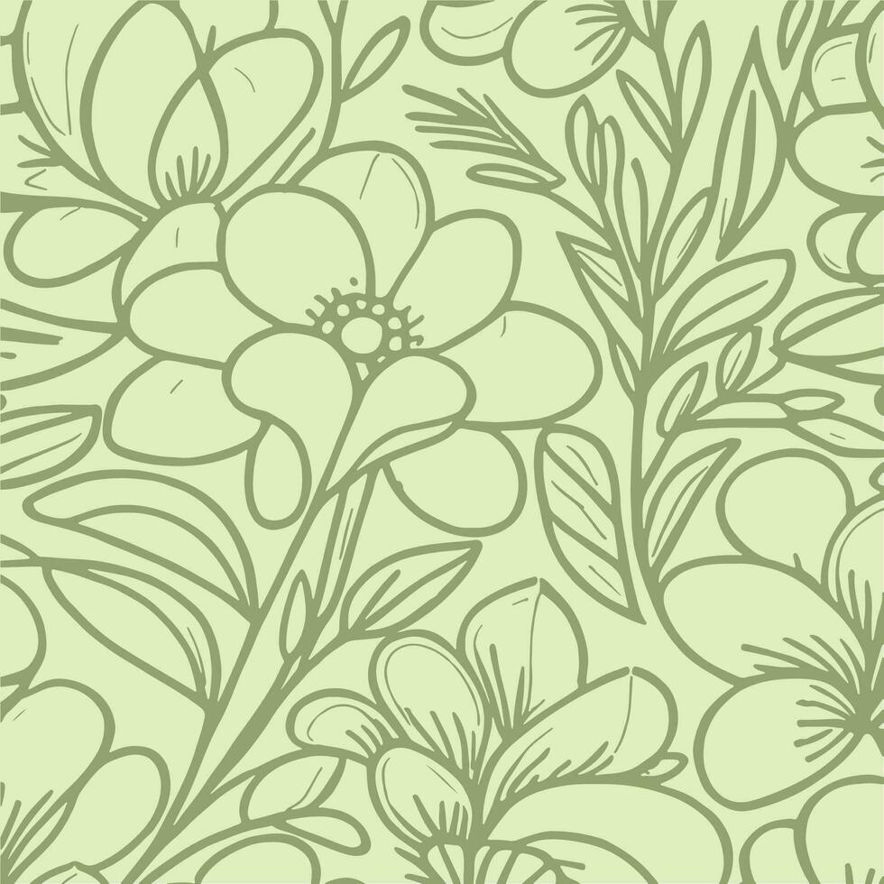 Abstract monochromatic soft green hand-drawn flowers texture pattern doodle vector illustration