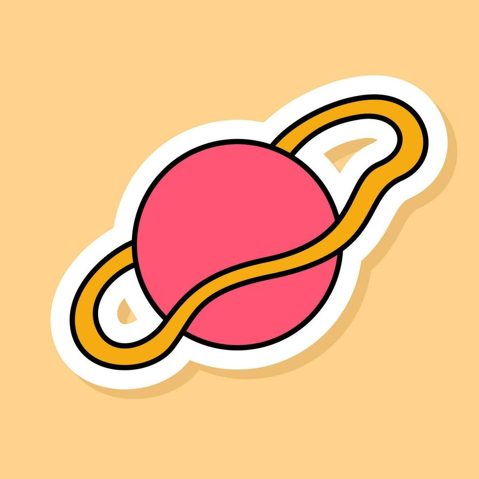 Vector Retro Pink Planet sticker isolated on yellow background. 70s style cartoon icon white contour