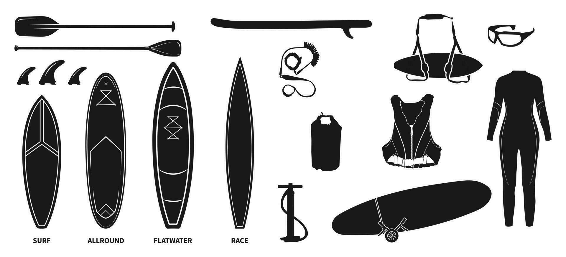 Type of paddle boards and all SUP equipment silhouette vector