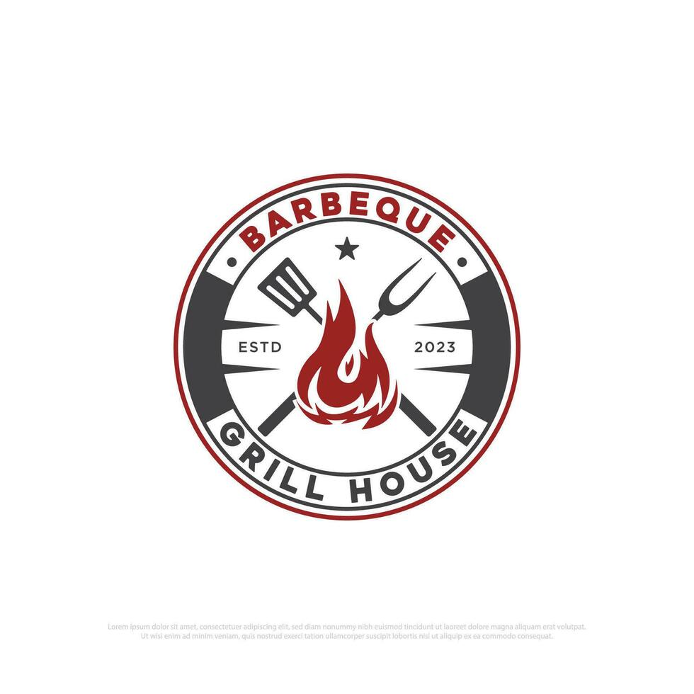 Hot grill barbecue logo design badge, retro grill house and bar vector illustrations emblem template