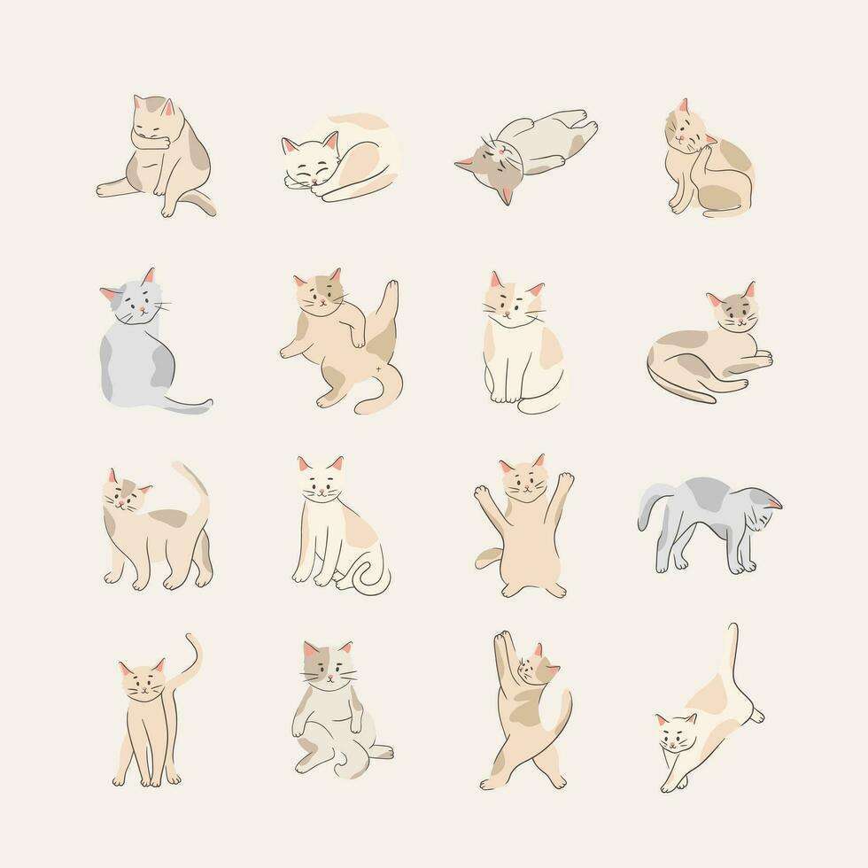 Vector Hand Drawn Flat Cute Cat Collection