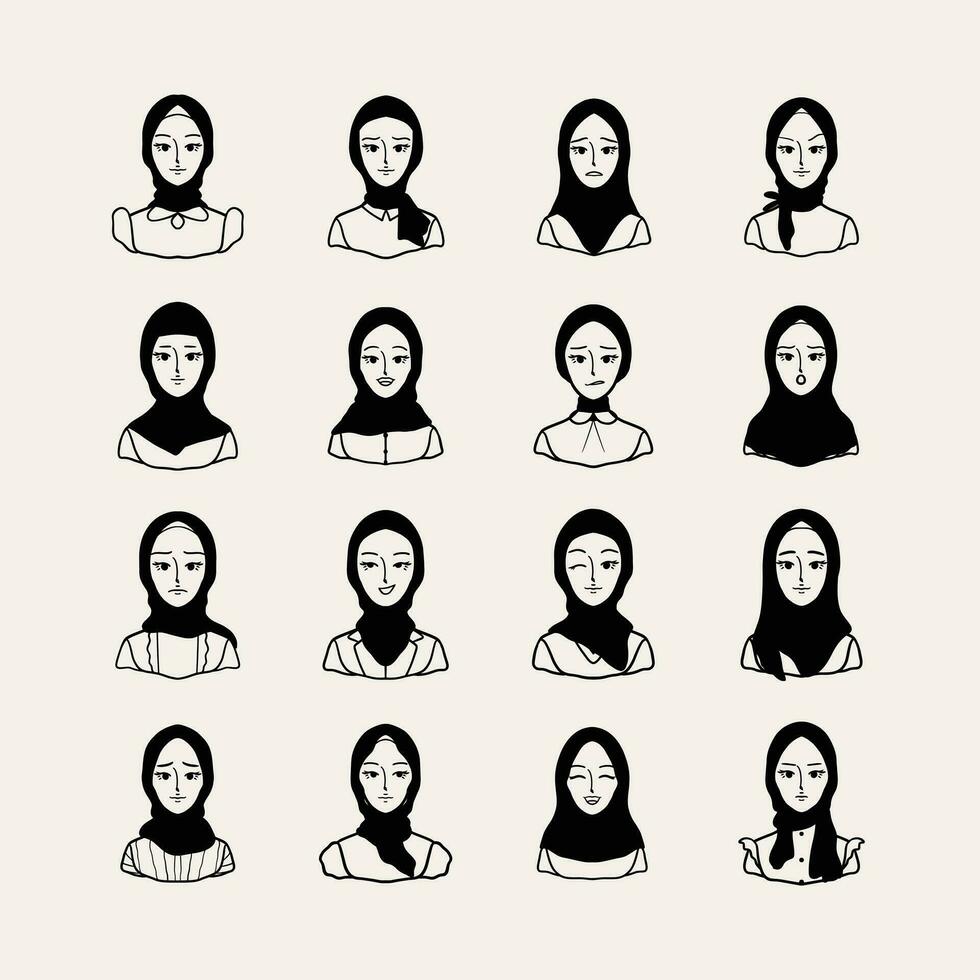 Vector Hand Drawn Black and White Doodle Beauty Girl Hijab Collection