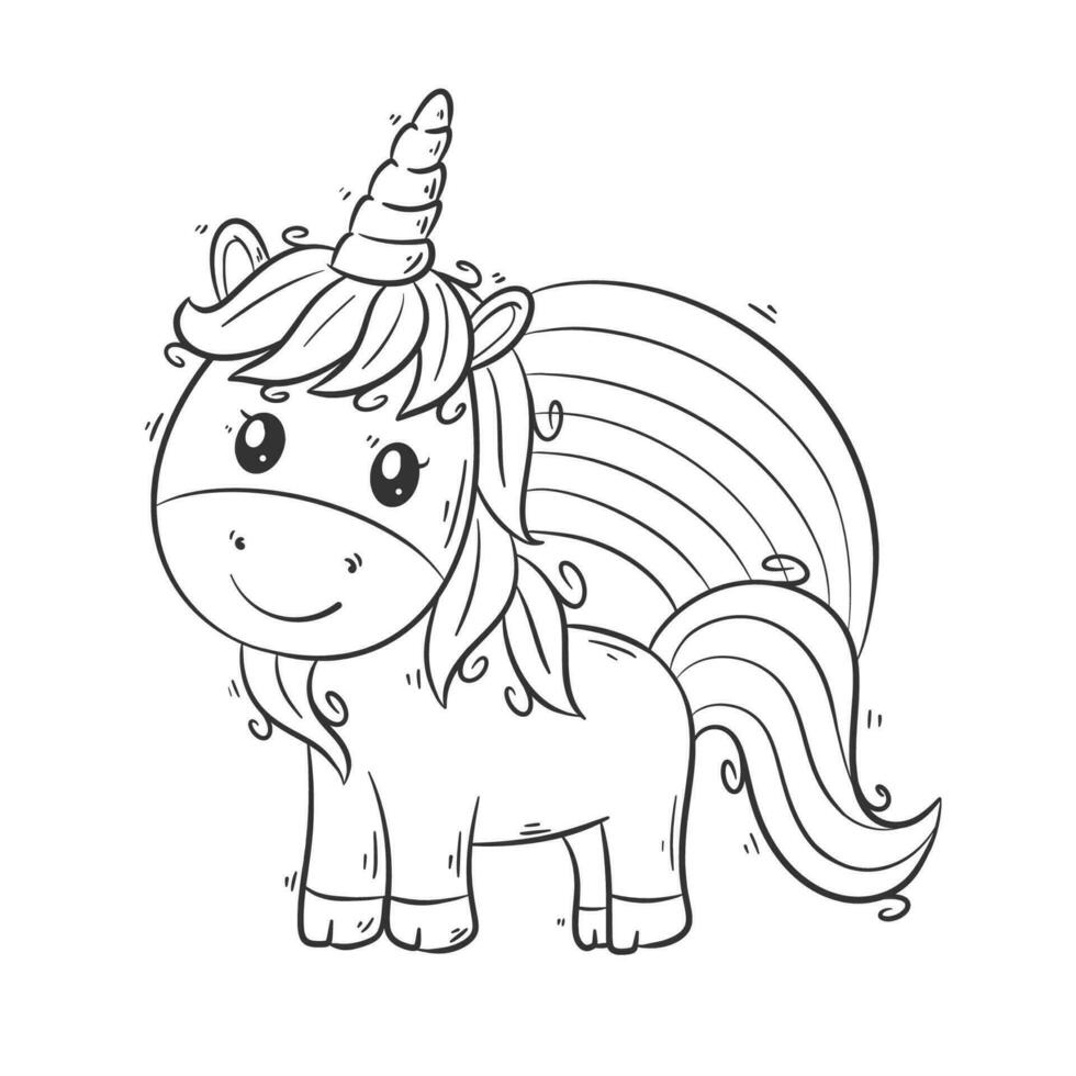 Cute unicorn standing in front of rainbow cartoon vector for coloring