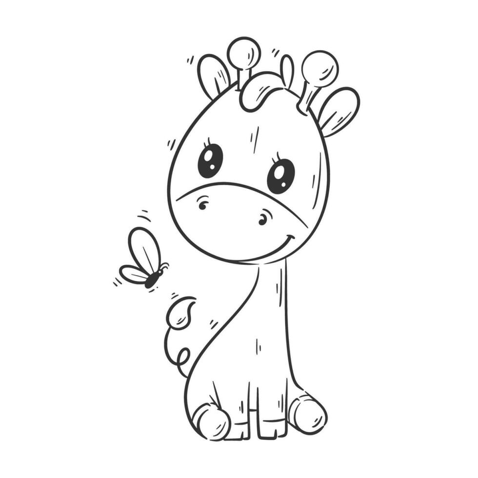 Cute giraffe sitting with butterfly in cartoon style vector for coloring