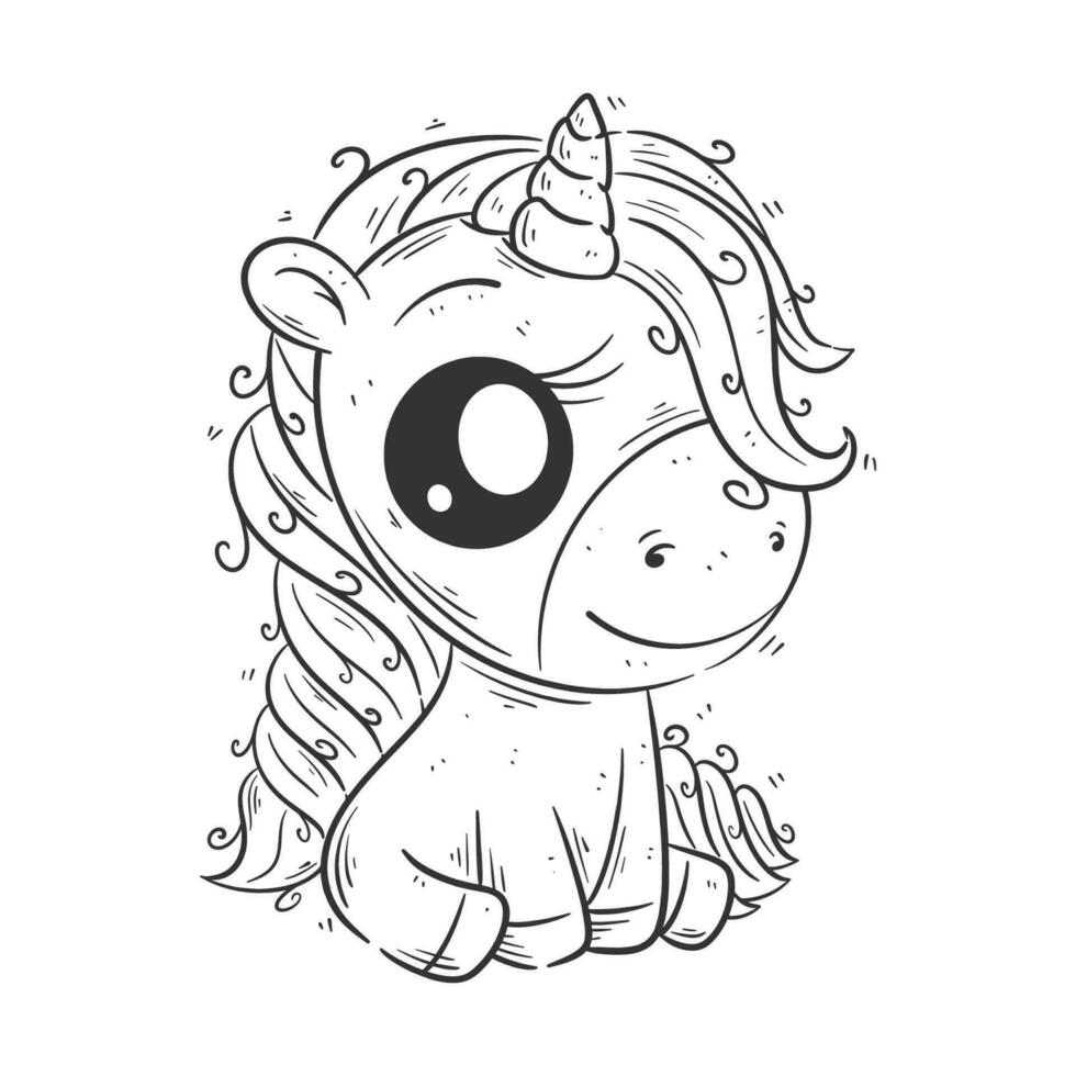 Cute unicorn is sitting alone for coloring vector