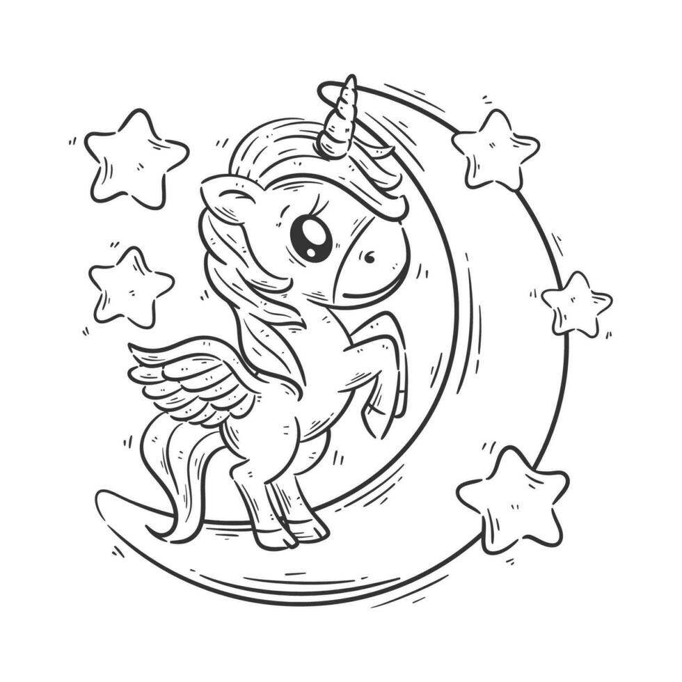 Cute unicorn is on the moon for coloring vector