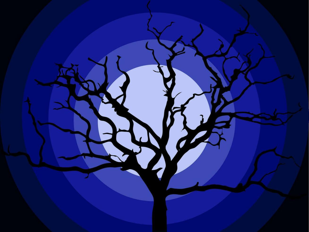 Happy Halloween. Scary silhouette of a dry tree against the background of moonlight. Vector flat illustration