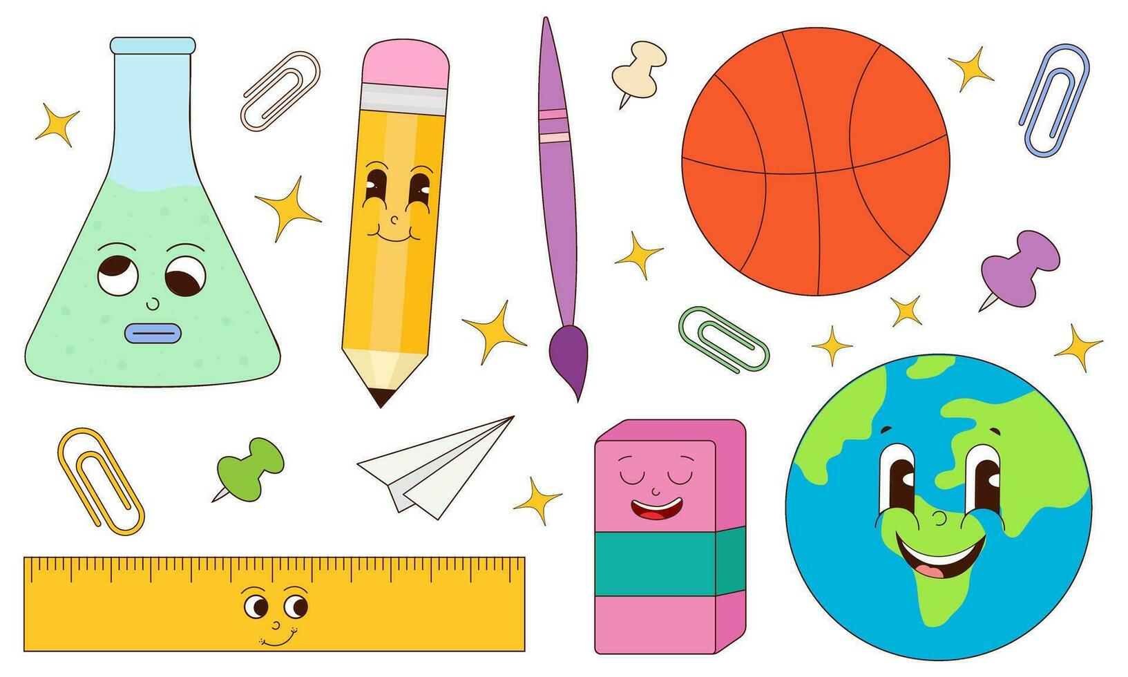 Back to school. Cute mascot characters and school items in retro style. Set of school subjects. A test tube, a globe, a pencil, a brush, an eraser, a basketball and a paper roll. vector