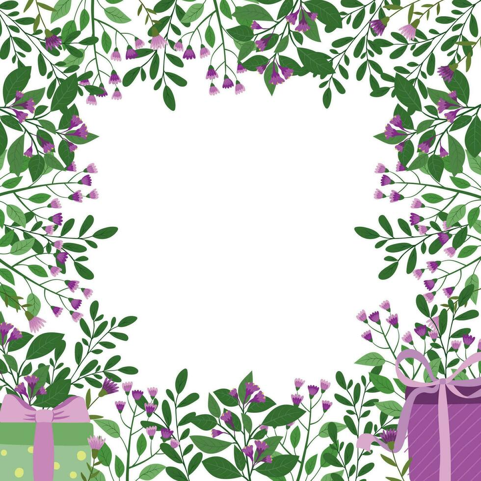 linda mano dibujado marco con floral elementos, hierbas, hojas, flores, leña menuda. vector ilustración para Boda diseño, logo y saludo tarjeta.