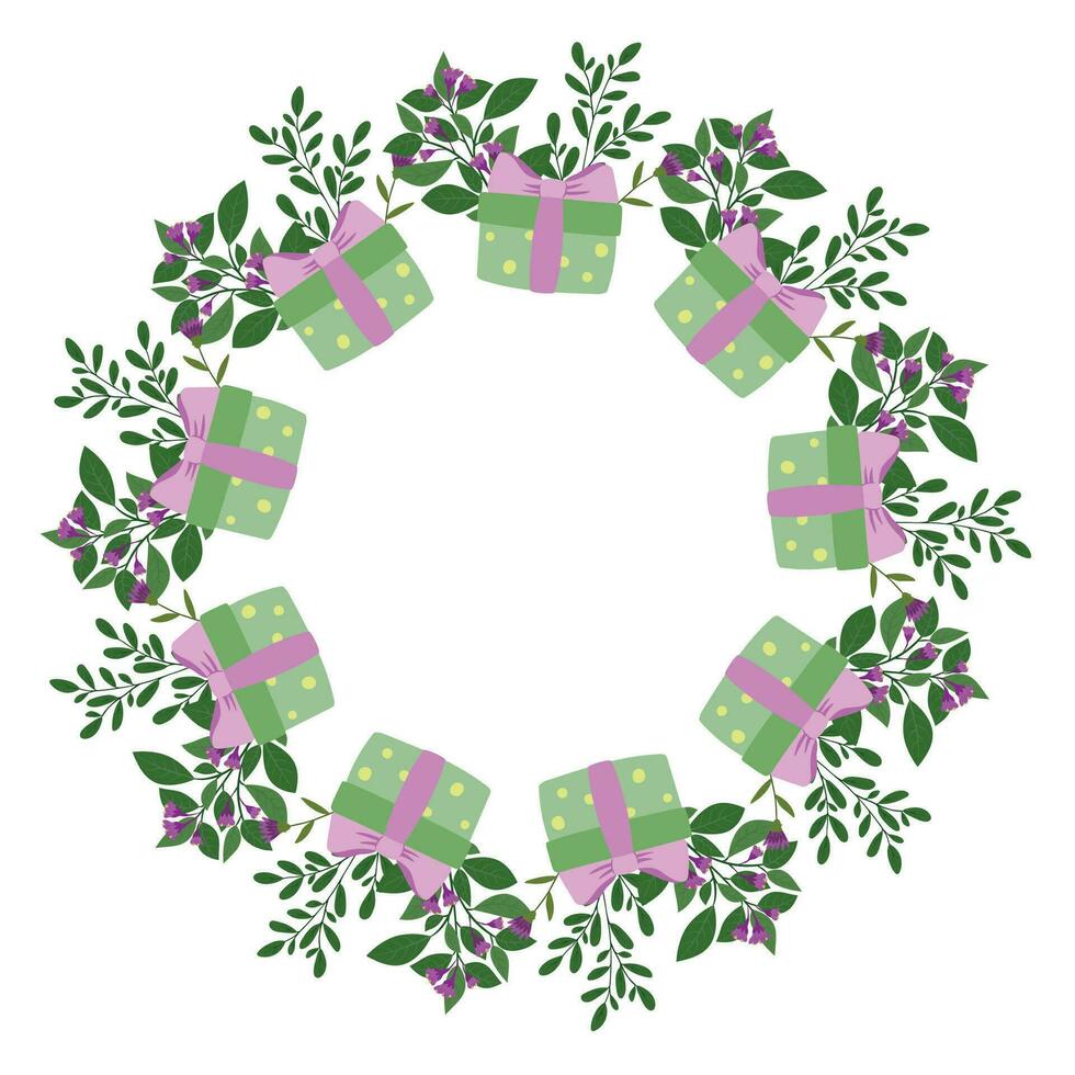 Cute hand drawn round frame with floral elements, herbs, leaves, flowers, twigs. Vector illustration for wedding design, logo and greeting card.